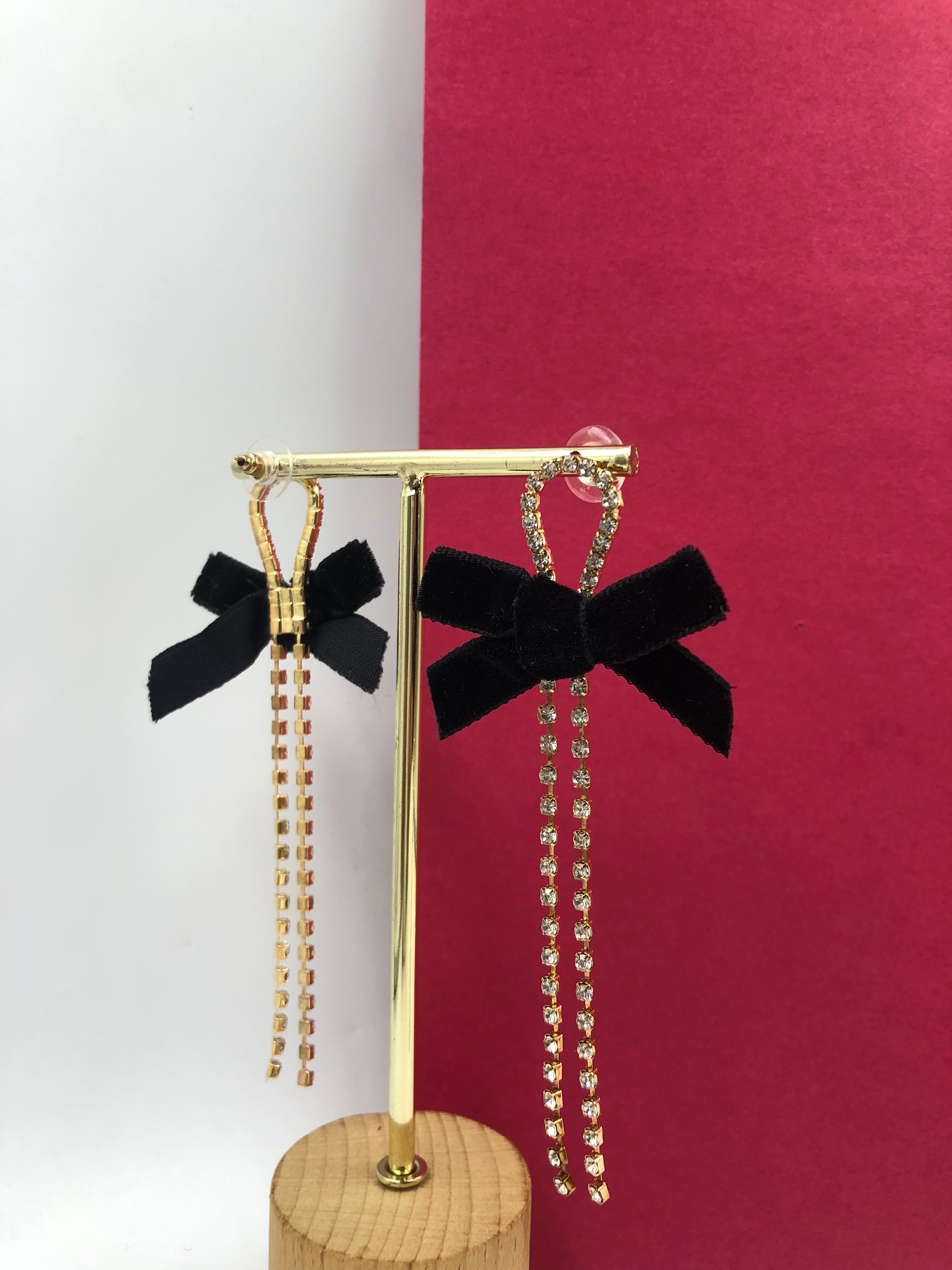 Black Velvet Bow Dangle Earrings – Rhinestone Tassel Drops