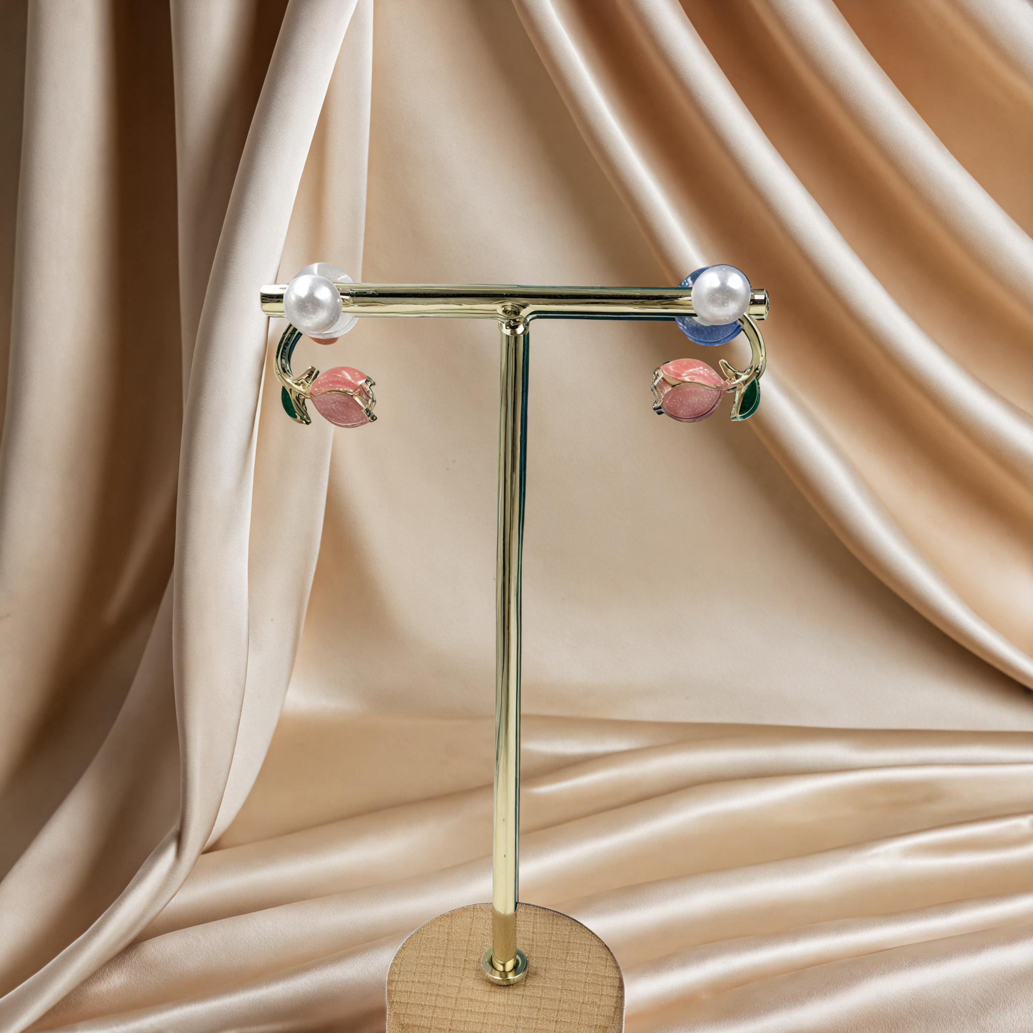 Gold Floral & Leaf Enamel Brass Earrings with Beads – Handcrafted Elegance