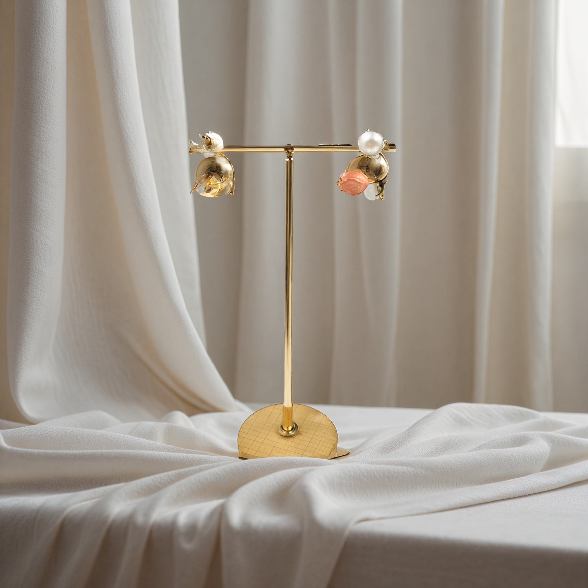 Gold Floral & Leaf Enamel Brass Earrings with Beads – Handcrafted Elegance