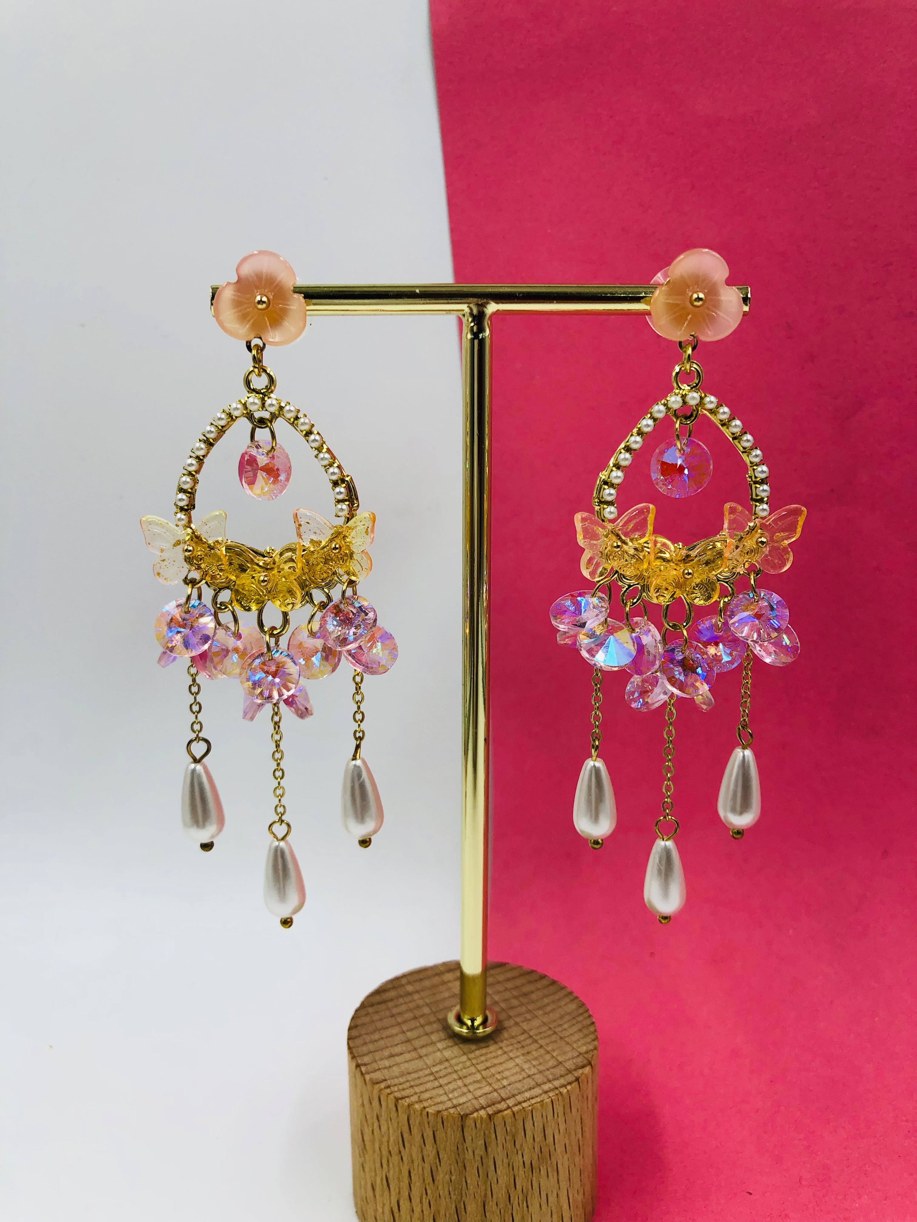 Enchanting Butterfly: Pink Crystal Earrings with Pearl Drops