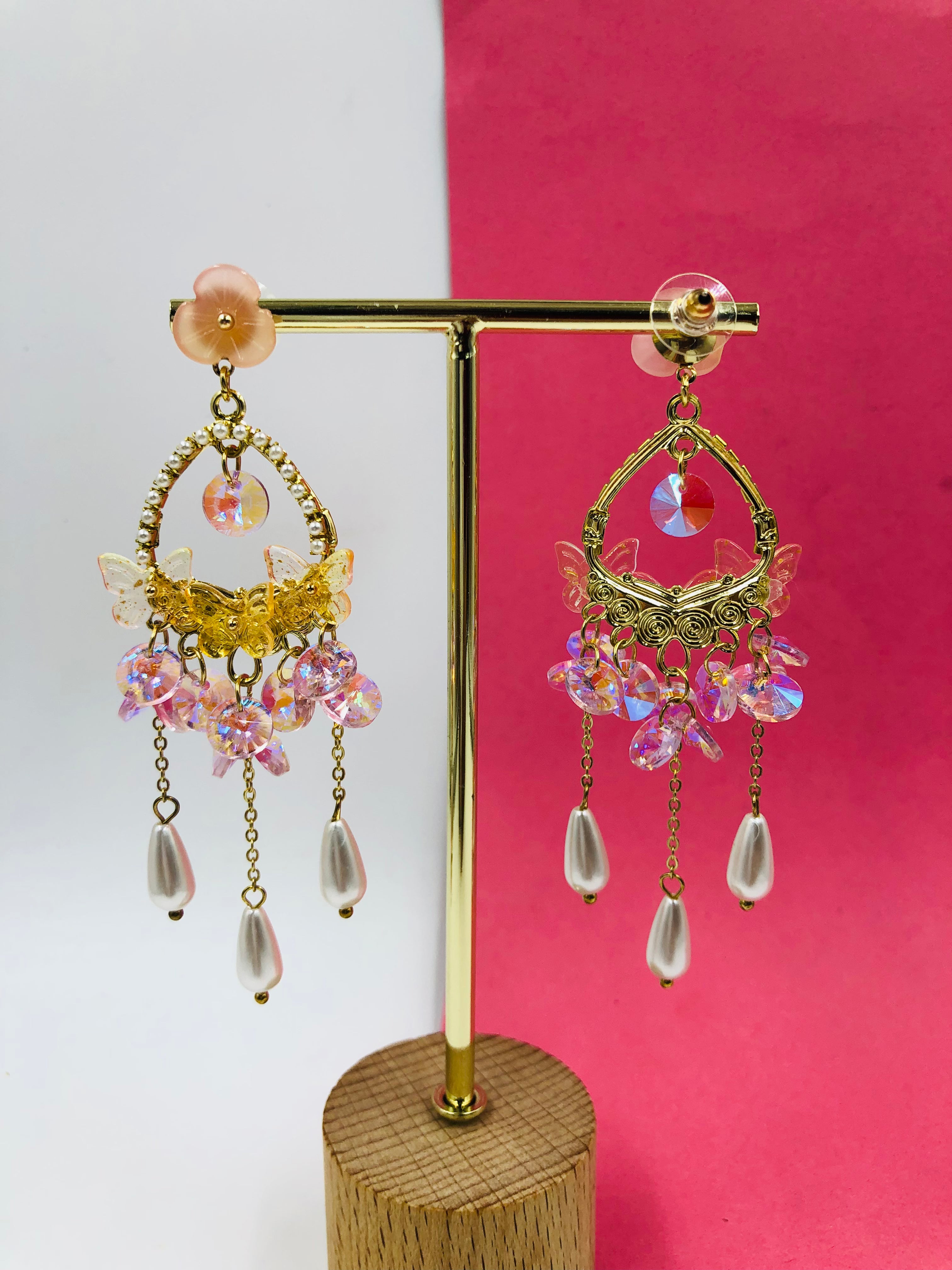 Enchanting Butterfly: Pink Crystal Earrings with Pearl Drops