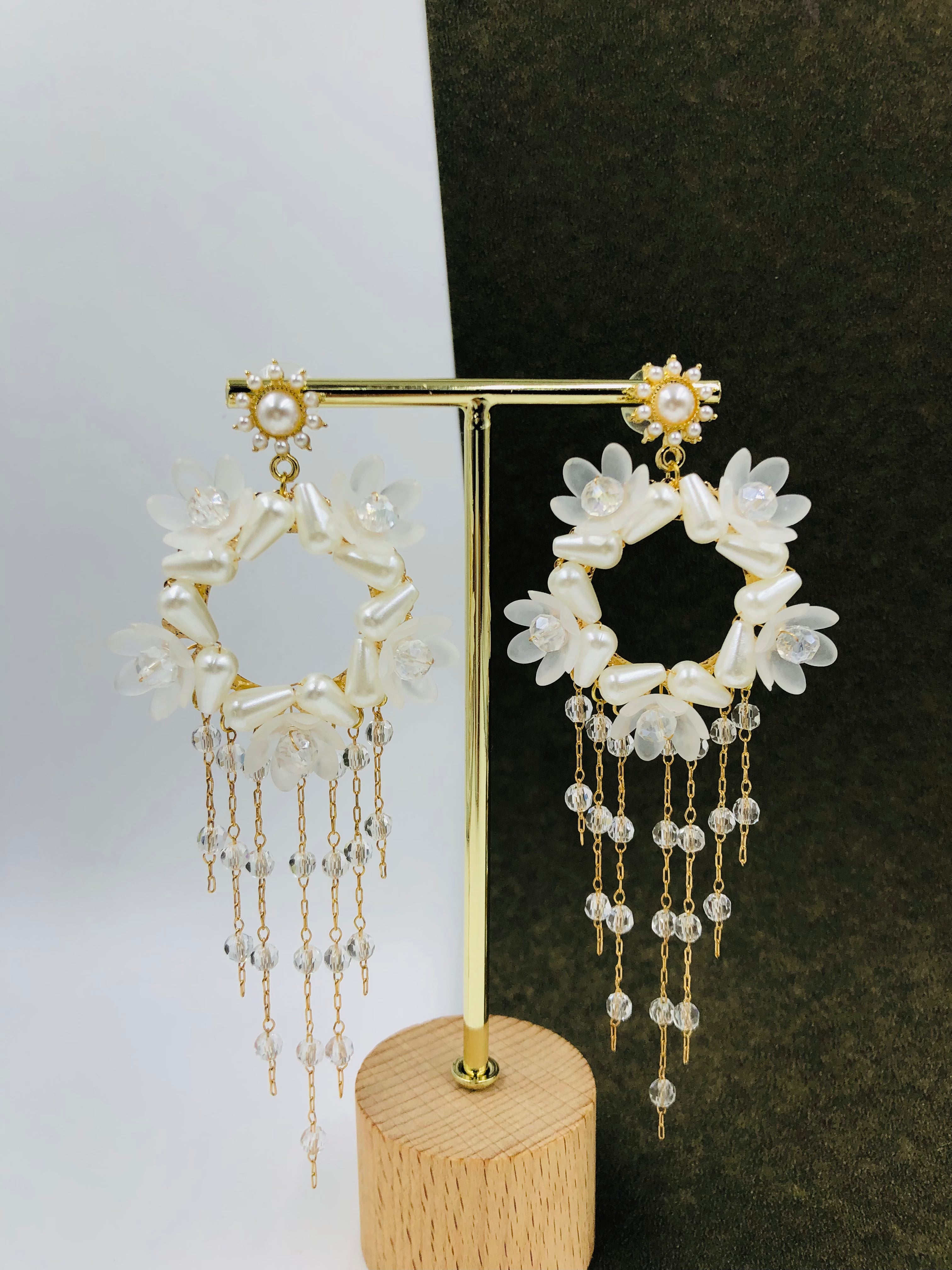 White Floral Wreath Earrings with Crystal Drops