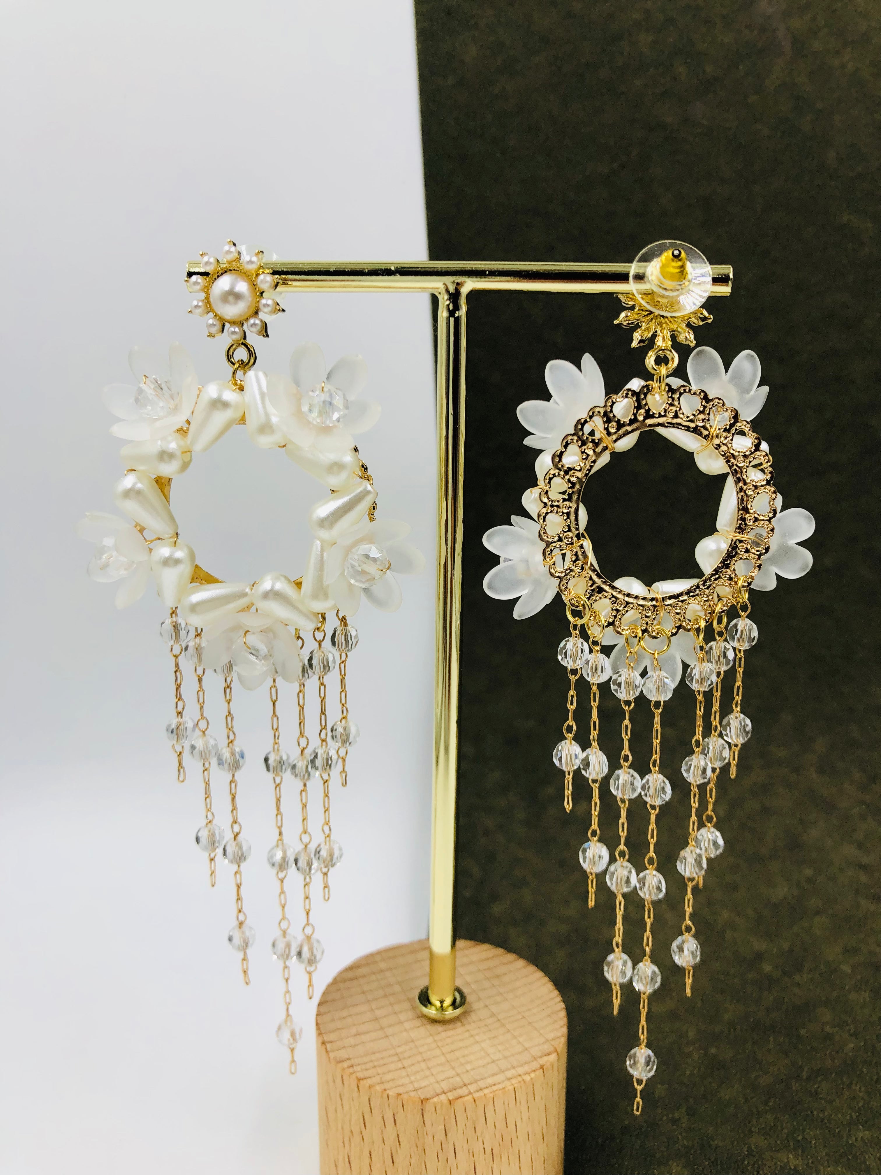 White Floral Wreath Earrings with Crystal Drops