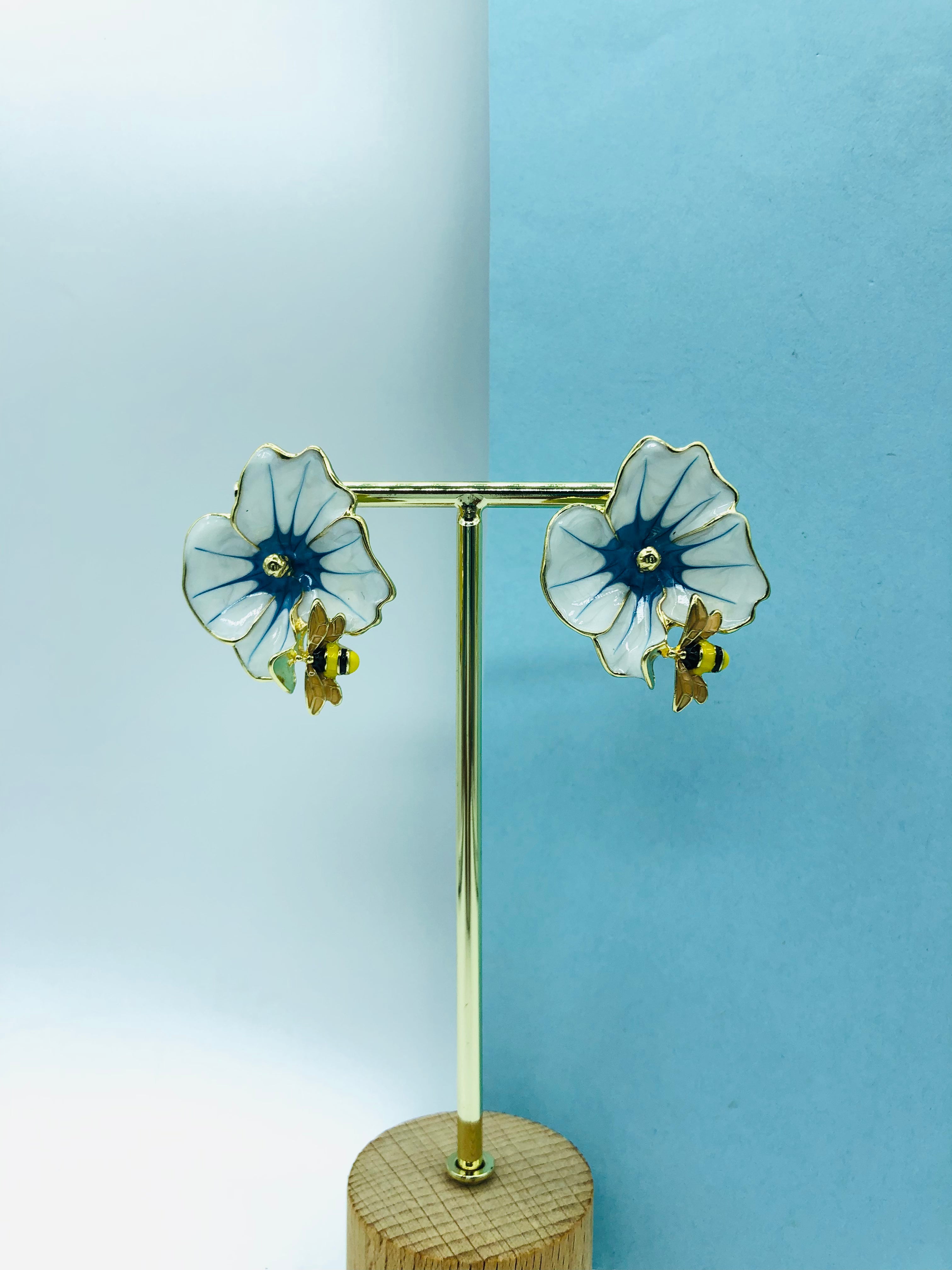 White Floral Earrings with Ice Blue & Bee Stud Accents