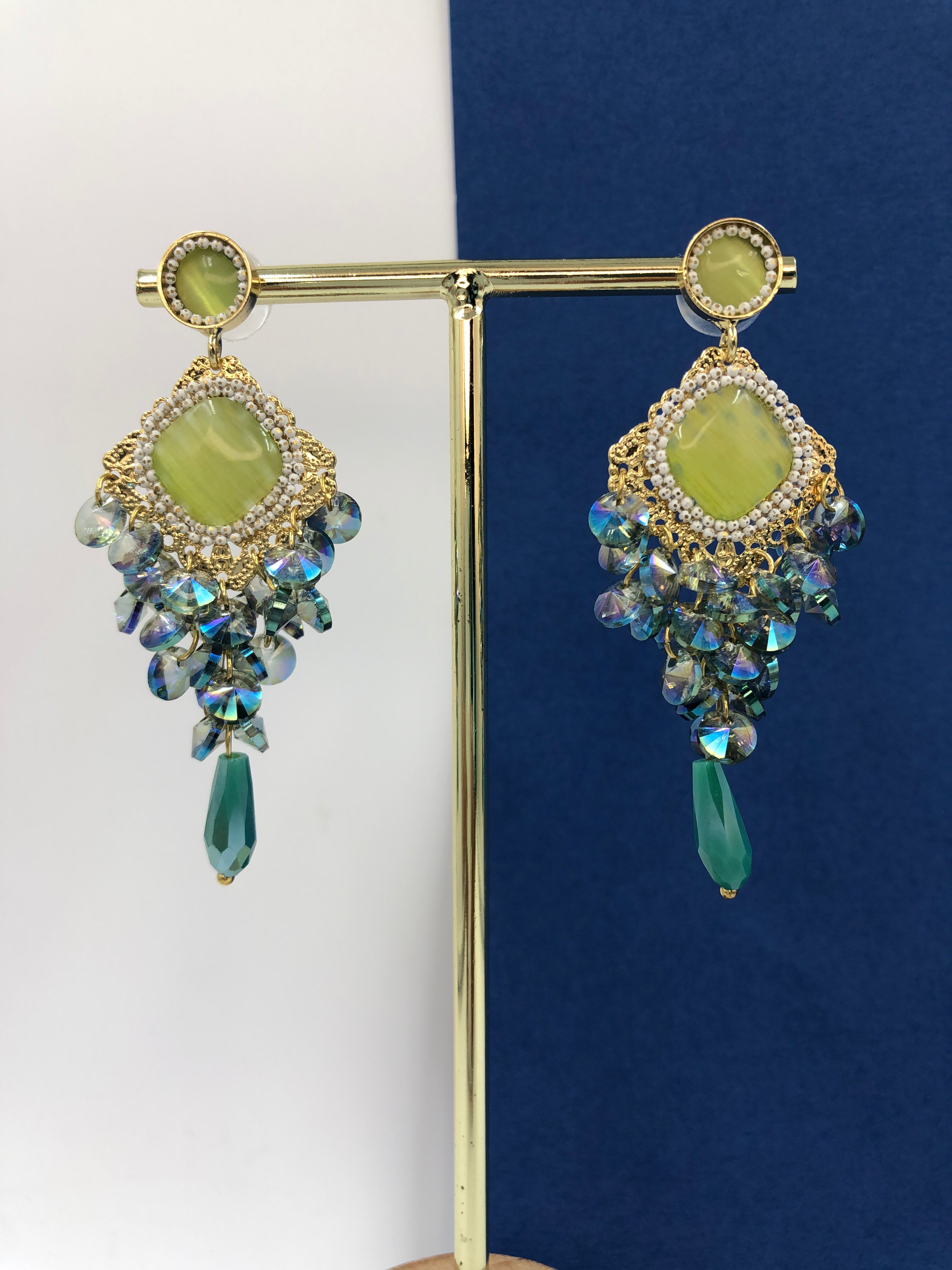 Radiant Green Stone & Crystal Dangle Earrings