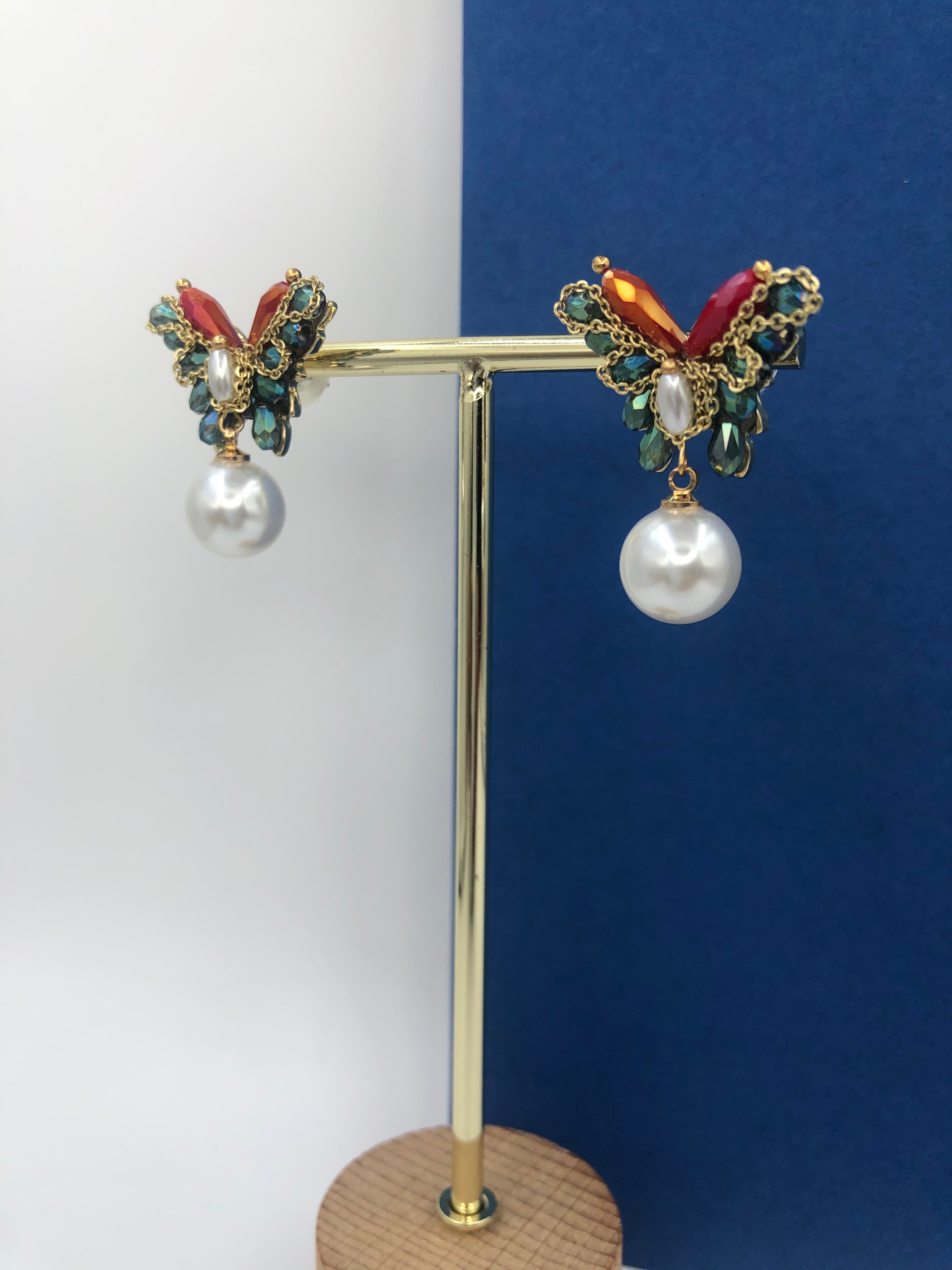 Butterfly-Inspired Handcrafted Earrings with Crystals & Pearl Drop