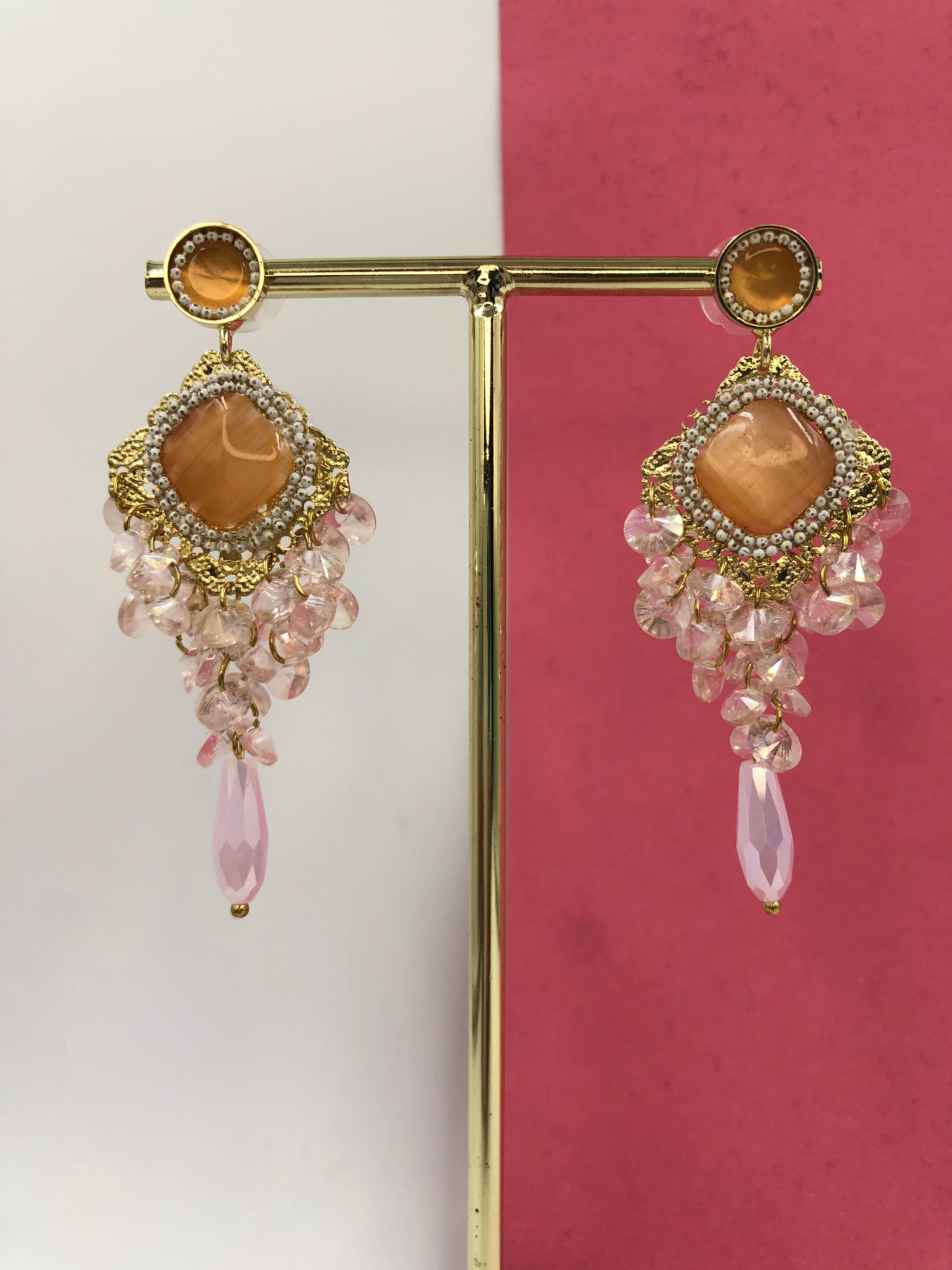 Radiant Peach Stone & Crystal Dangle Earrings