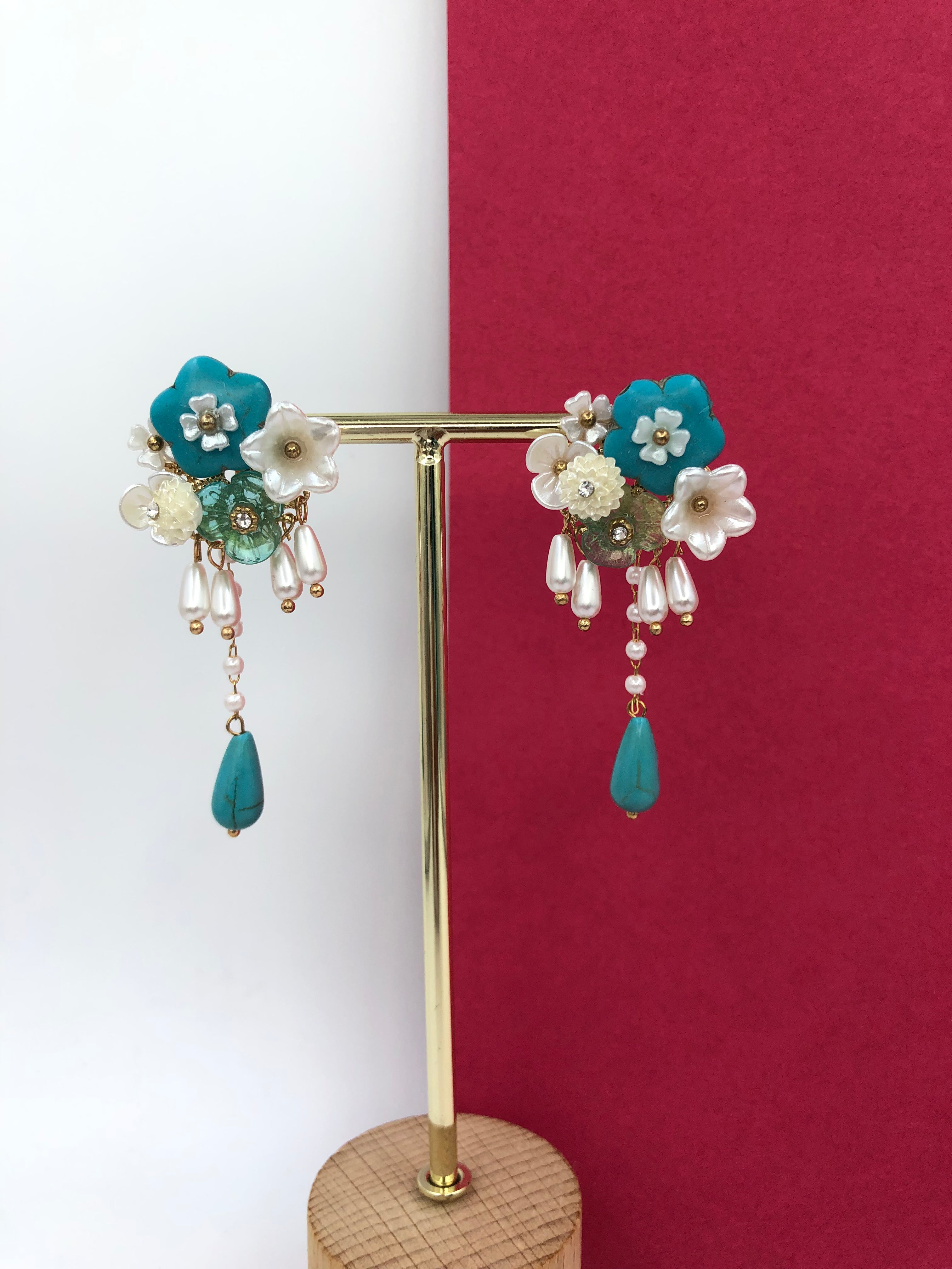 Delicate Blue Blossom Danglers with Pearls