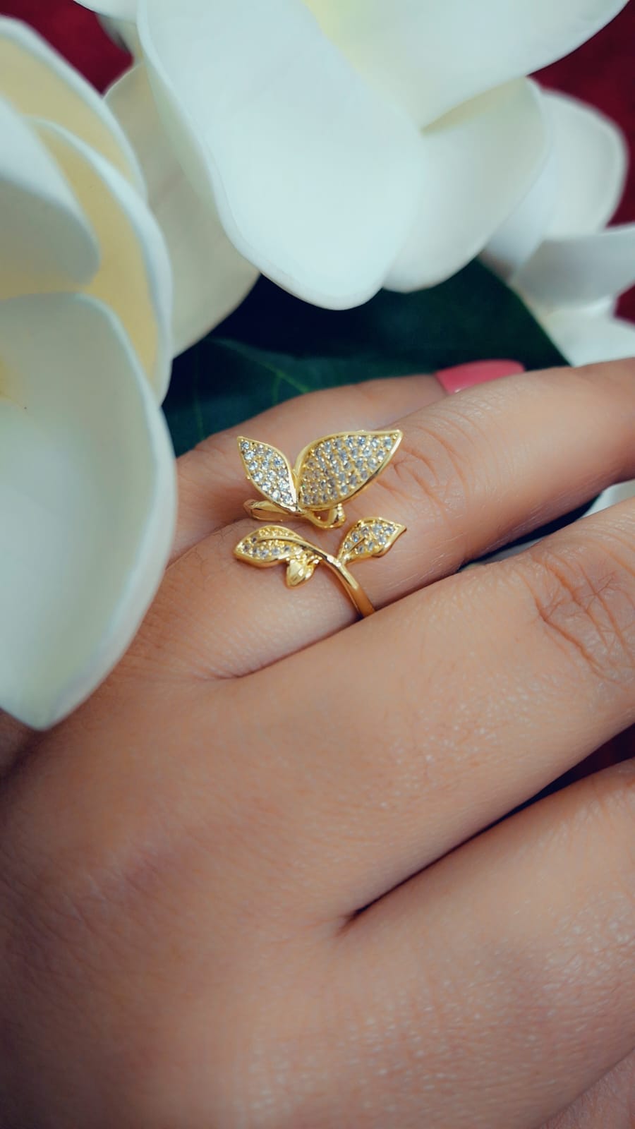 Butterfly & Leaves-Inspired Crystal Brass Finger Ring