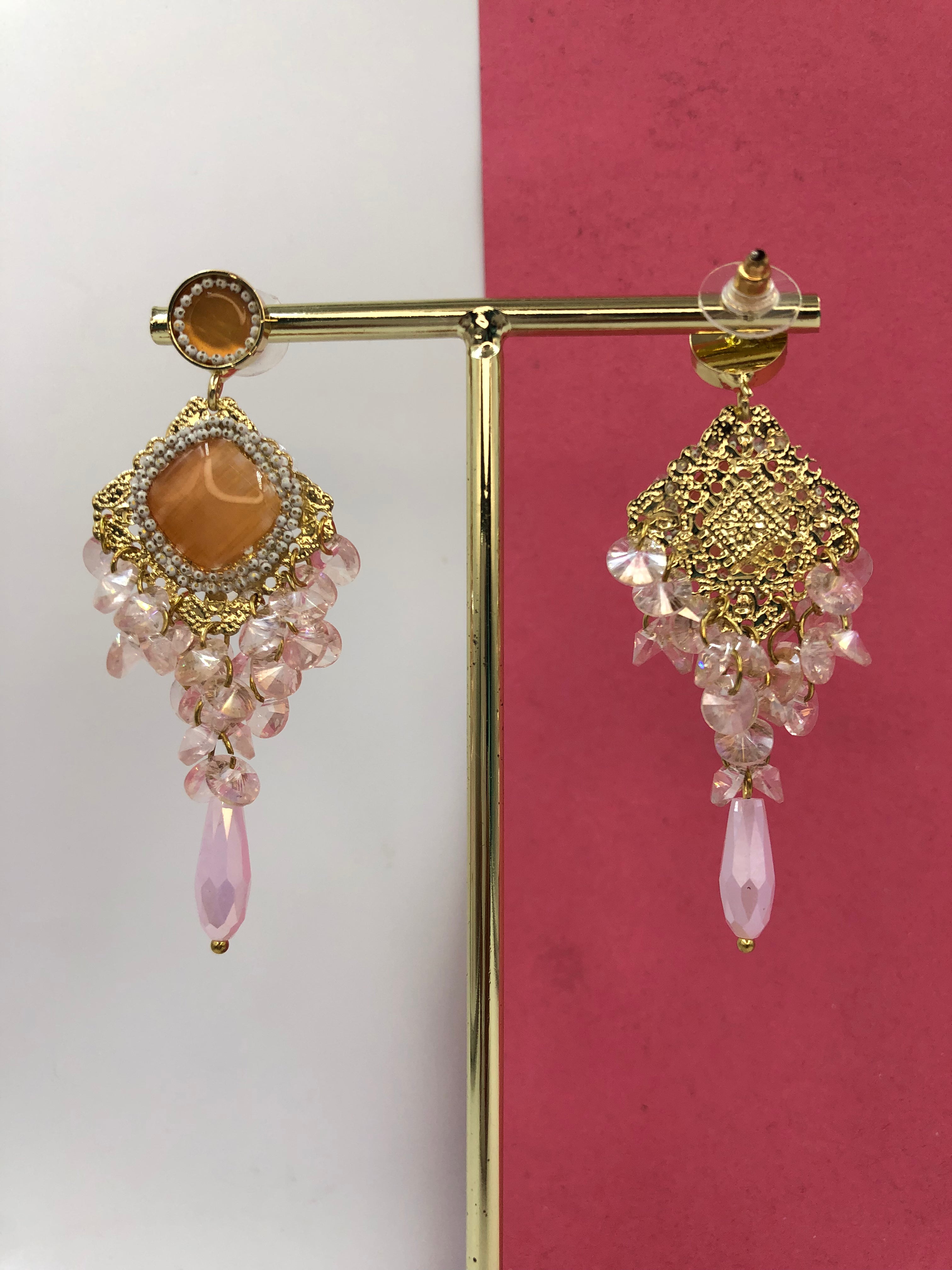 Radiant Peach Stone & Crystal Dangle Earrings