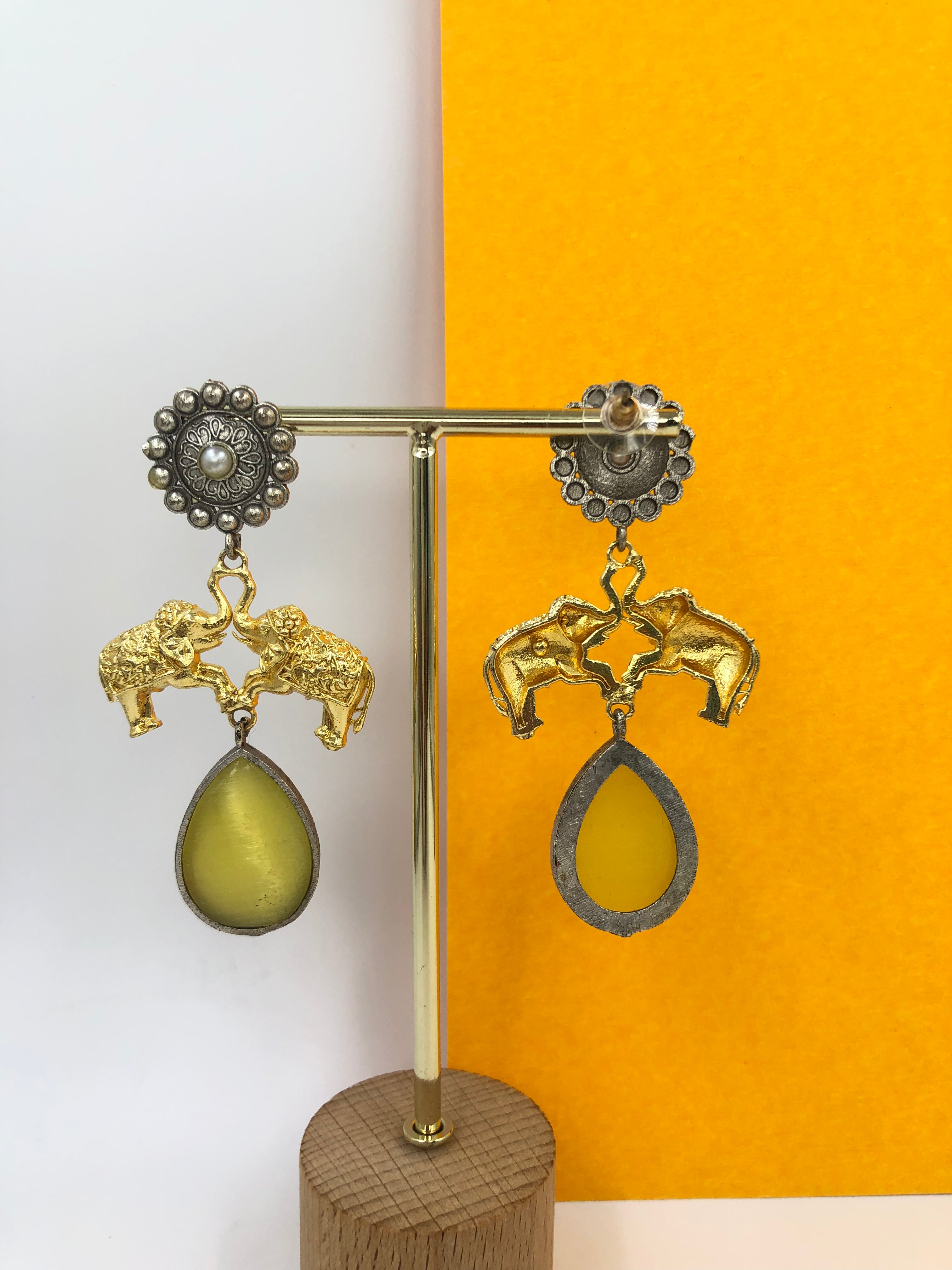 Amber Stone Dual-Tone Elephant Danglers