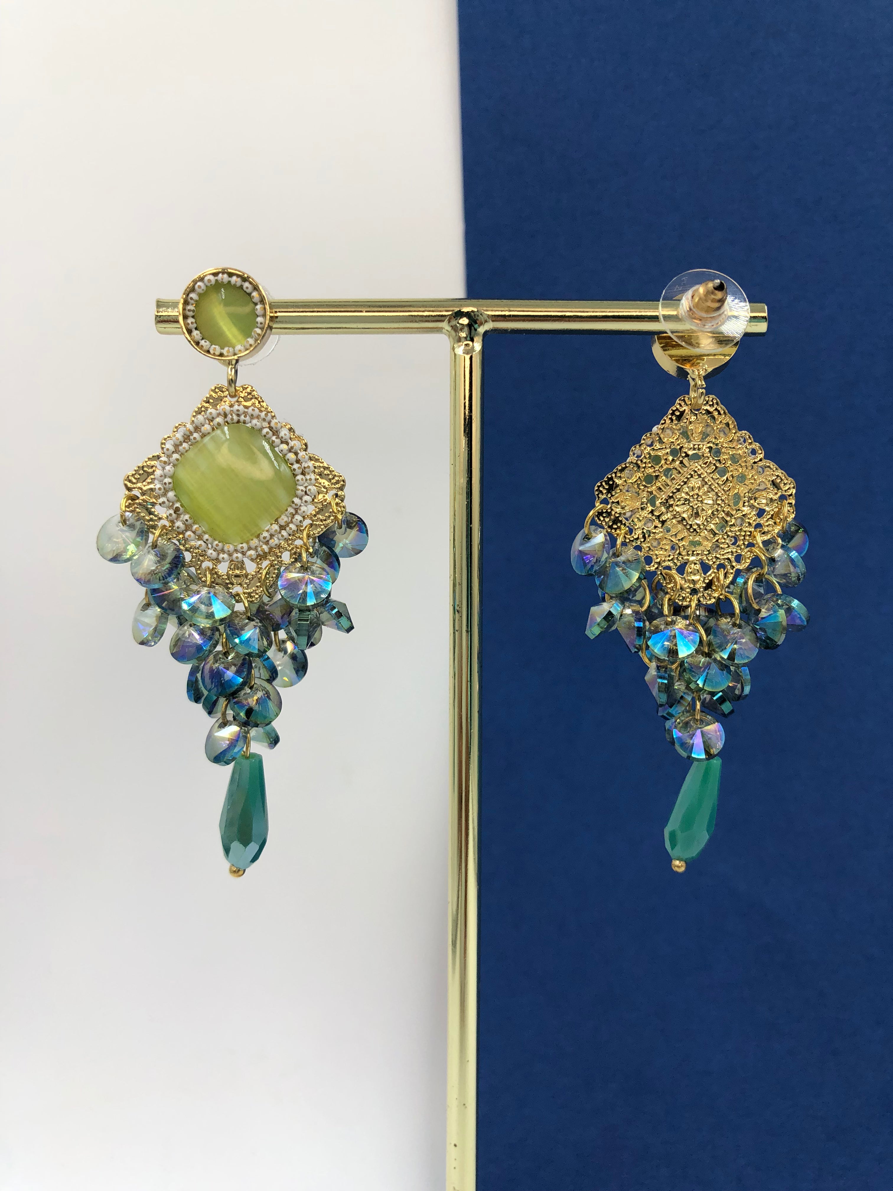 Radiant Green Stone & Crystal Dangle Earrings