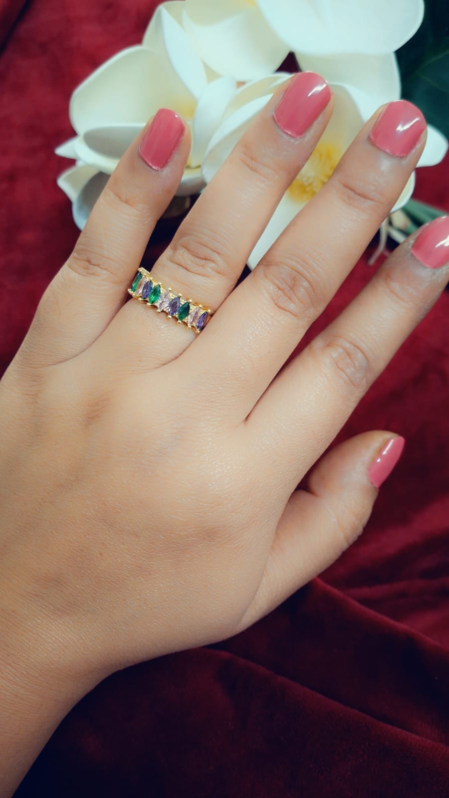 Rainbow-Inspired Crystal Brass Finger Ring