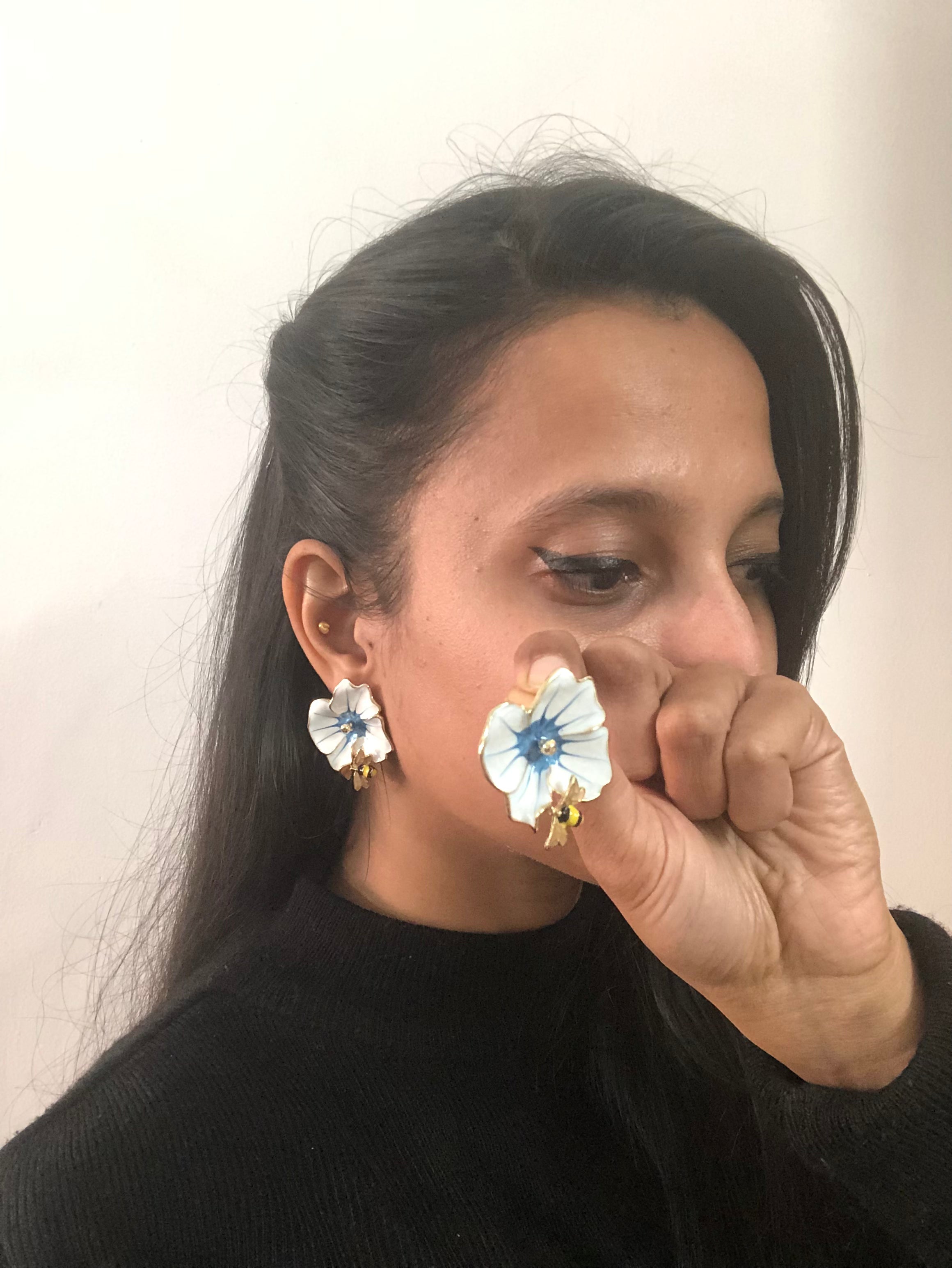 White Floral Earrings with Ice Blue & Bee Stud Accents