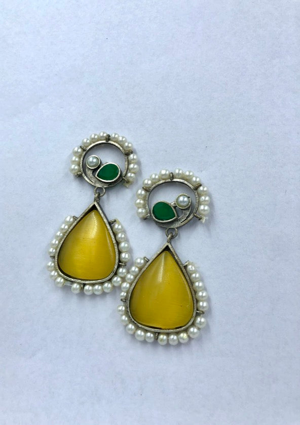 Opulent Peacock Earrings with Yellow-Green Pearl Beads