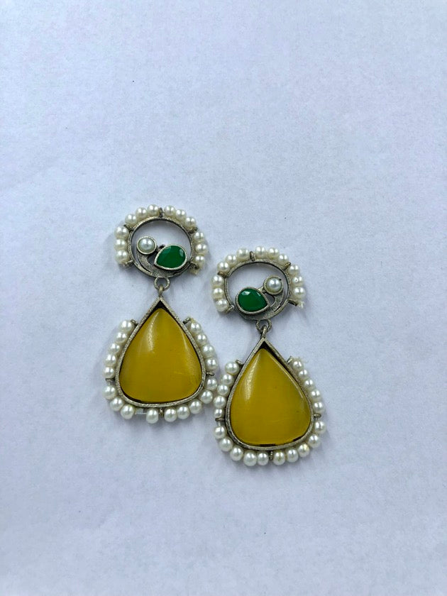 Opulent Peacock Earrings with Yellow-Green Pearl Beads