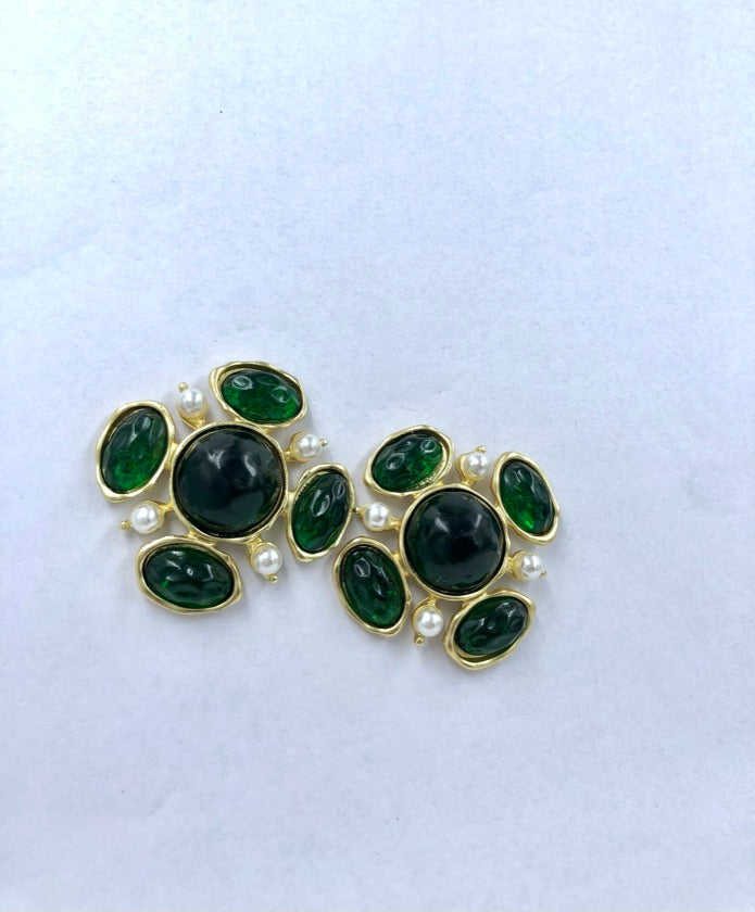 Textured Green Stone & Pearl Earrings