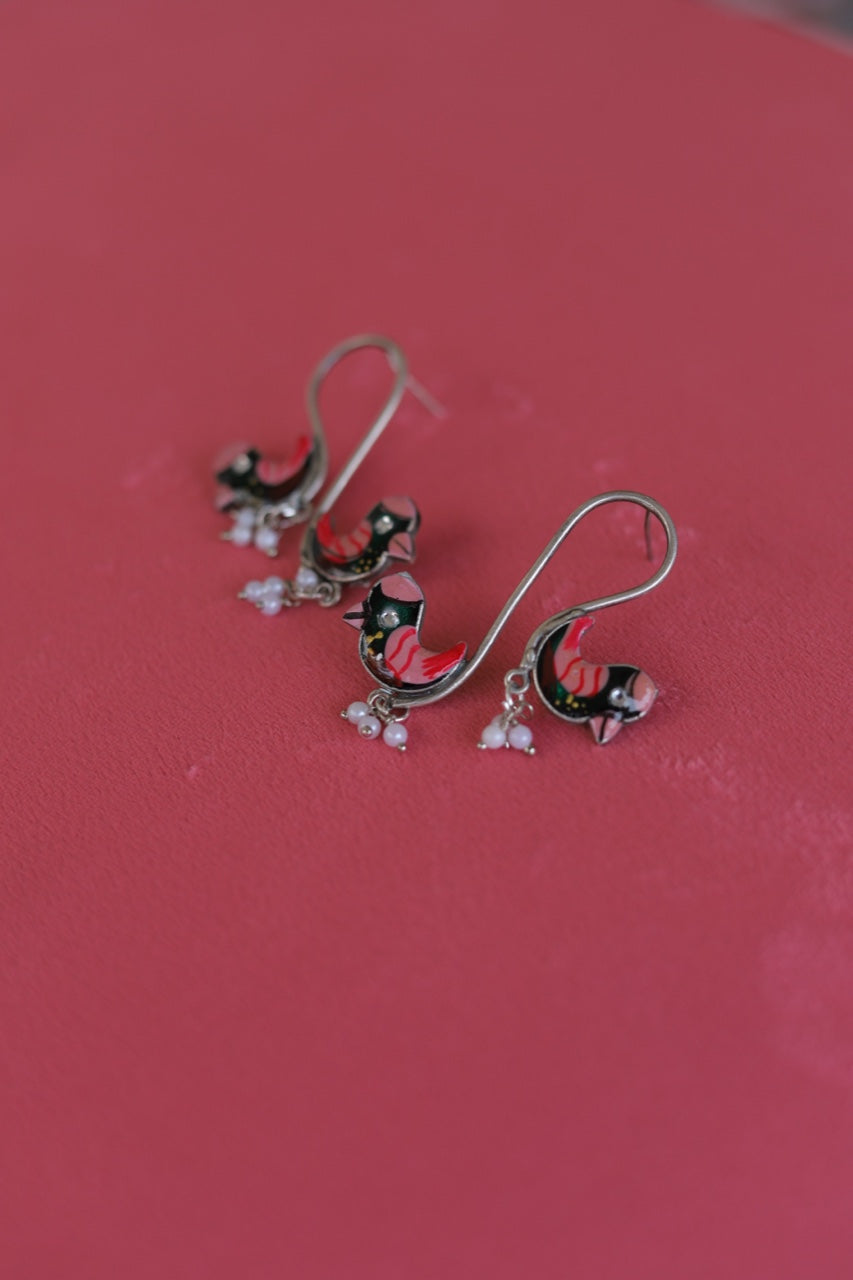 Blushing Plumage: Pendulum Bird Earrings