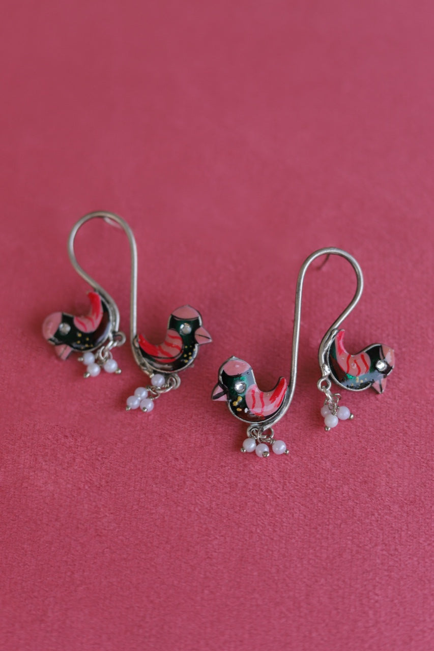 Blushing Plumage: Pendulum Bird Earrings