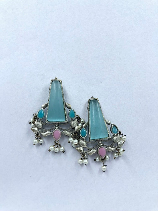 Vintage-Inspired Blue, Pink, and Pearl Oxidized Dangles