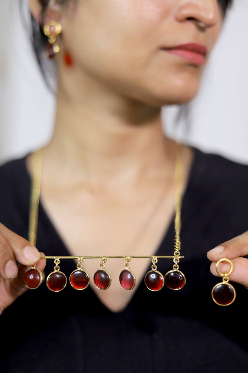 Scarlet Serenity: Long Pendulum Dainty Necklace Set with Red Stone