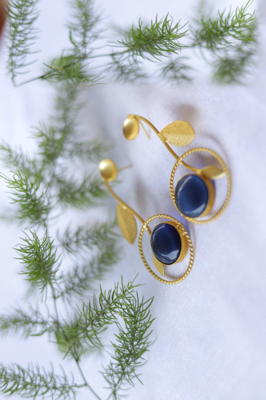 Blue Serenity: Golden Leaf Branch Earrings