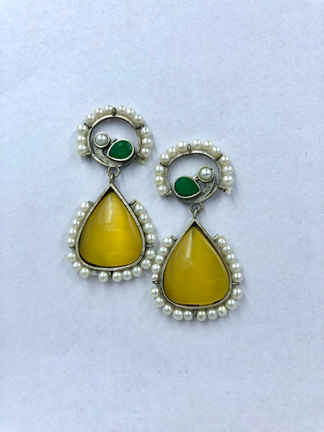 Opulent Peacock Earrings with Yellow-Green Pearl Beads