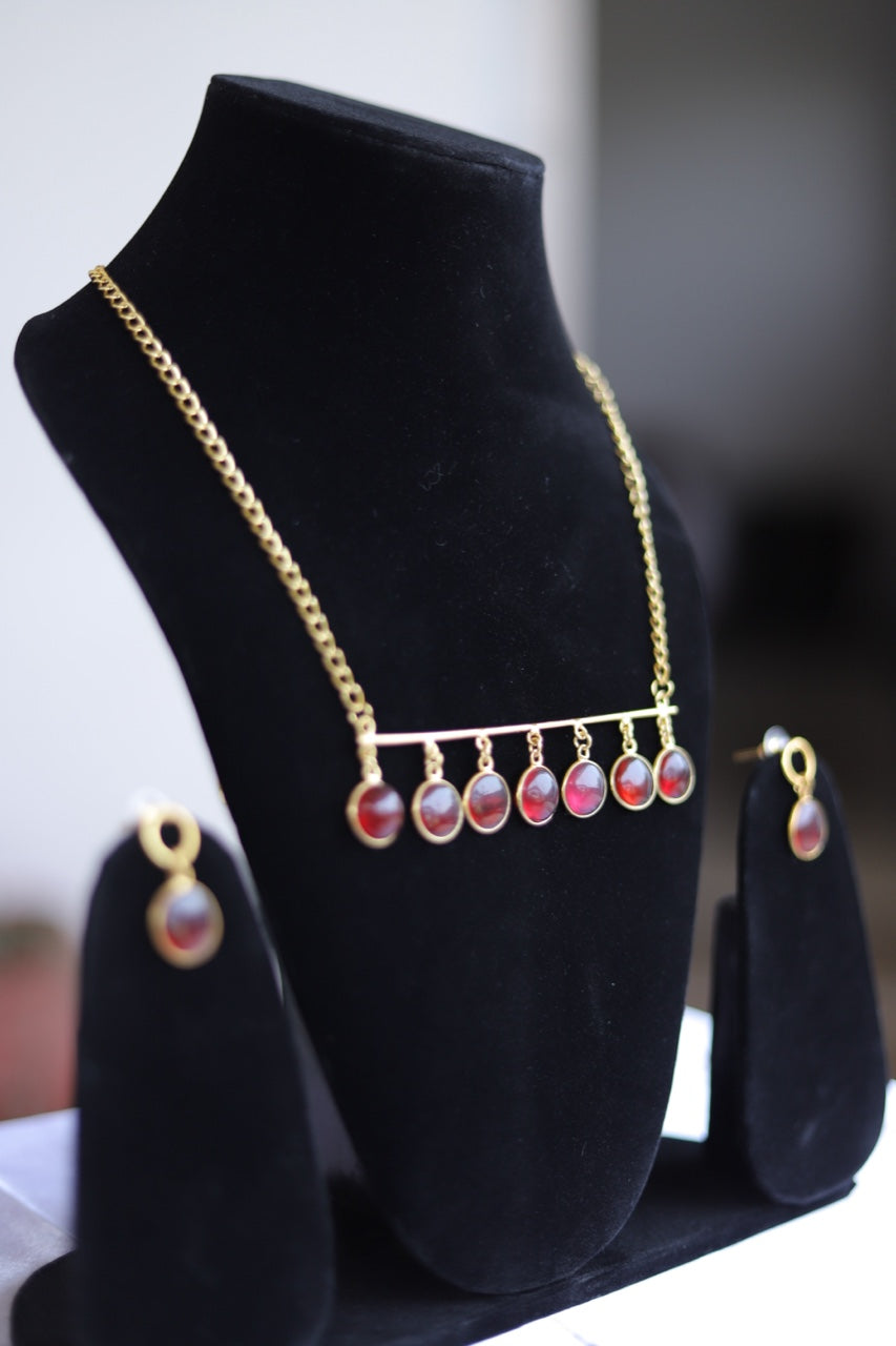 Scarlet Serenity: Long Pendulum Dainty Necklace Set with Red Stone