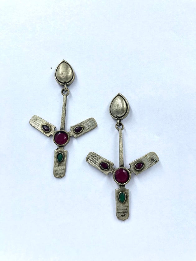 Radiant Fan Earrings: Green & Pink Stones