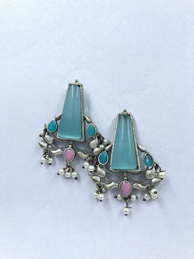 Vintage-Inspired Blue, Pink, and Pearl Oxidized Dangles