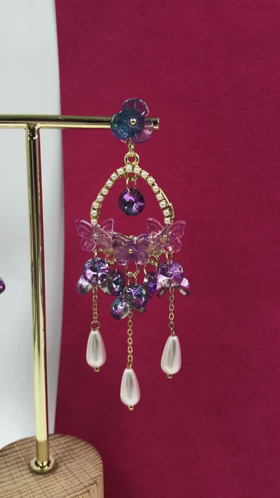 Enchanting Butterfly: Purple Crystal Earrings with Pearl Drops