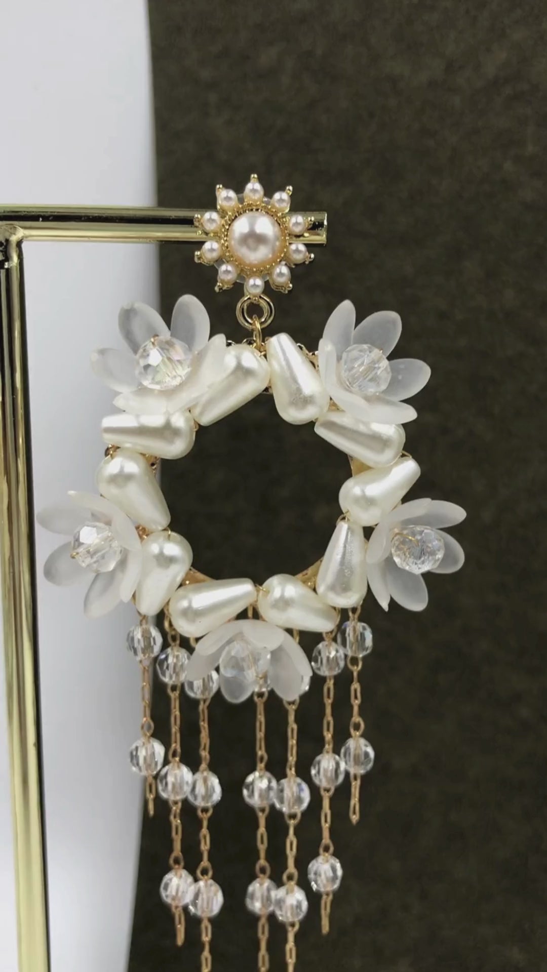 White Floral Wreath Earrings with Crystal Drops