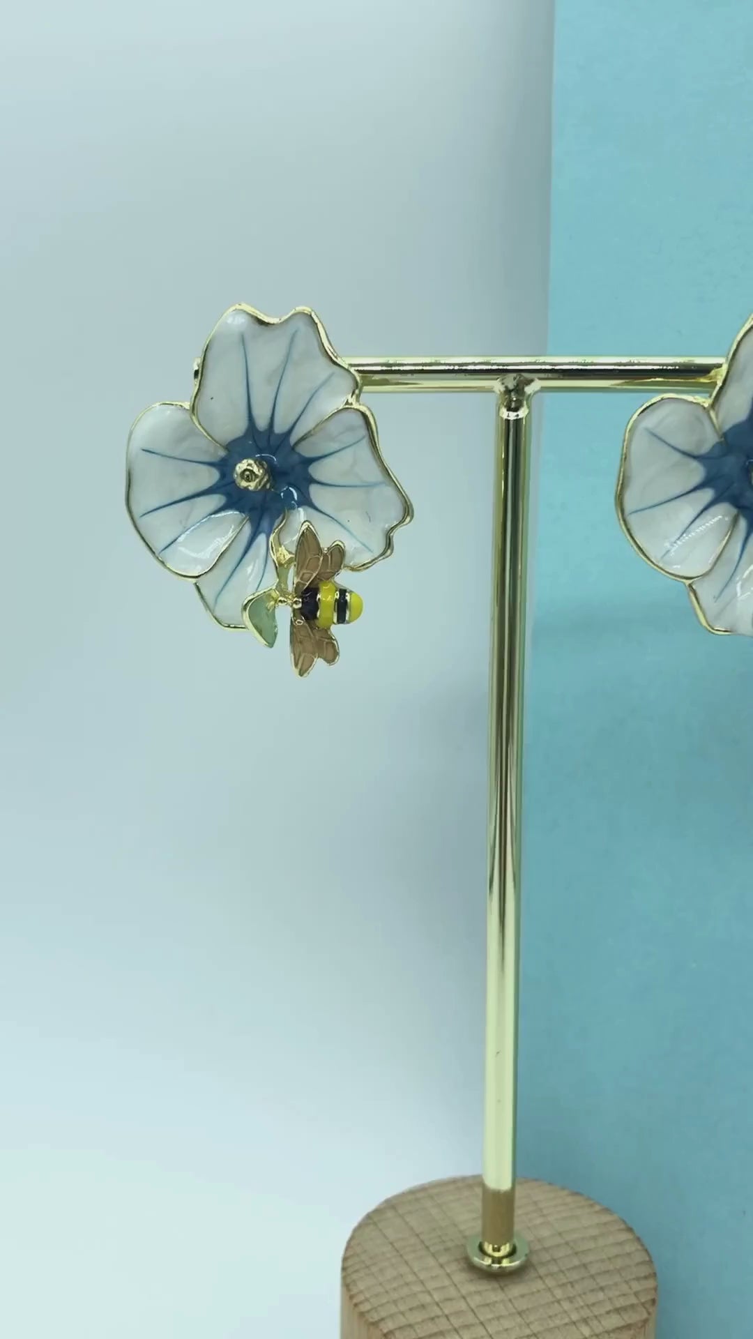 White Floral Earrings with Ice Blue & Bee Stud Accents