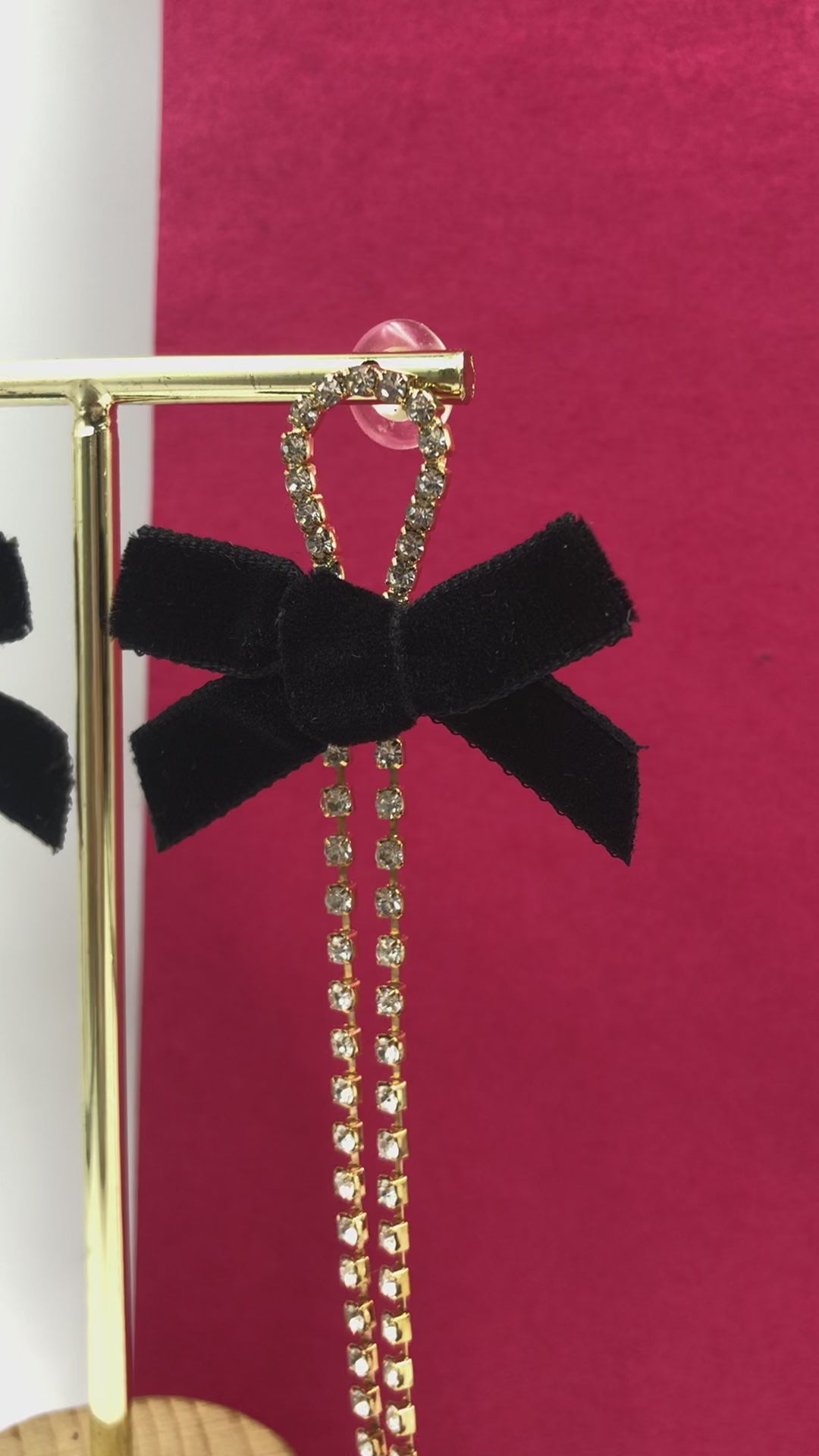 Black Velvet Bow Dangle Earrings – Rhinestone Tassel Drops