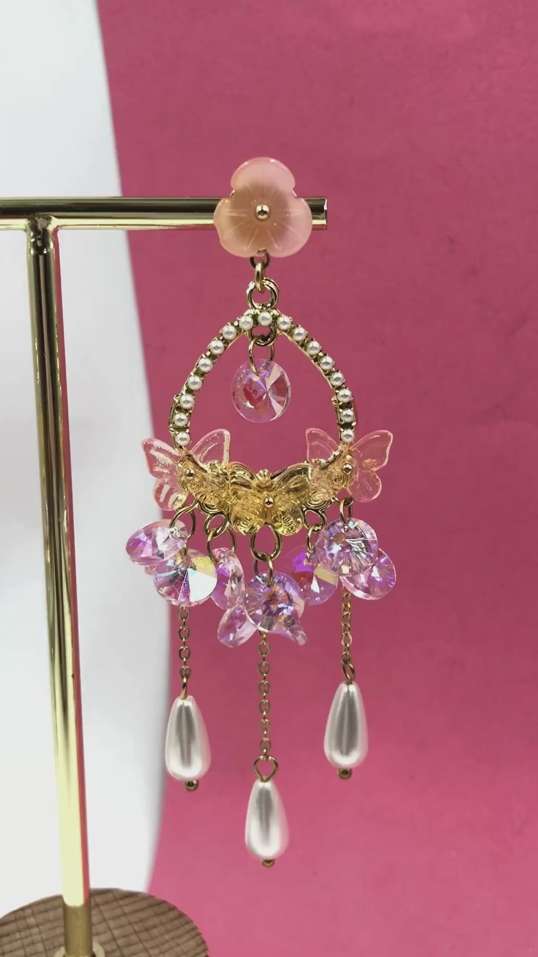 Enchanting Butterfly: Pink Crystal Earrings with Pearl Drops